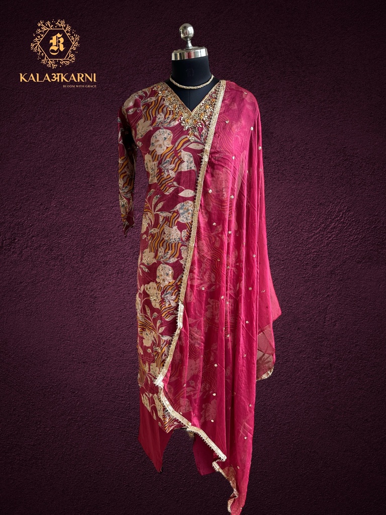 Hand Embroidery | Modal Silk | Suit set with Pants | Dark Mauve