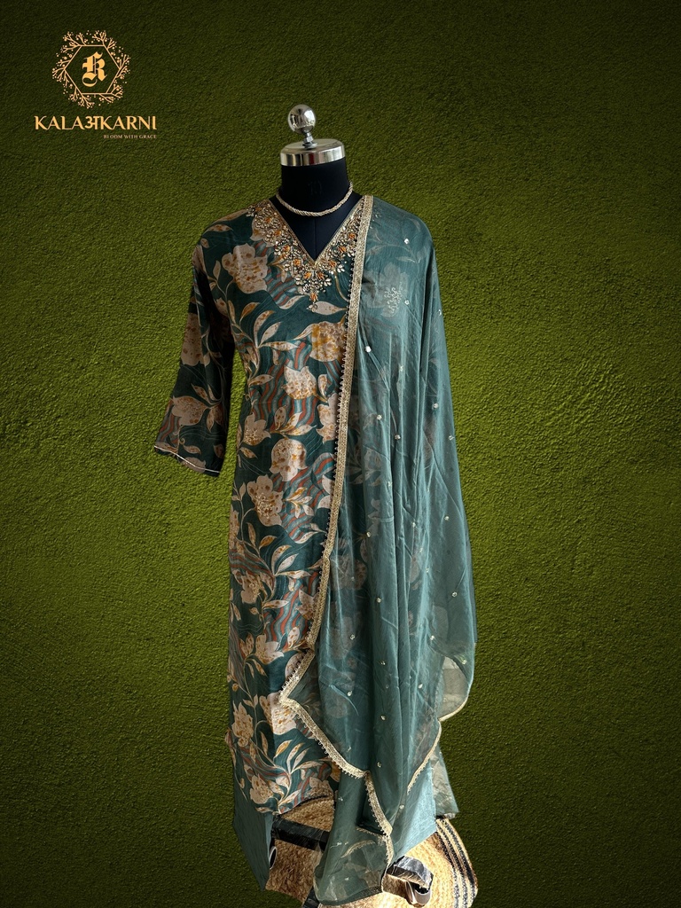 Hand Embroidery | Modal Silk | Suit set with Pants | Teal Green