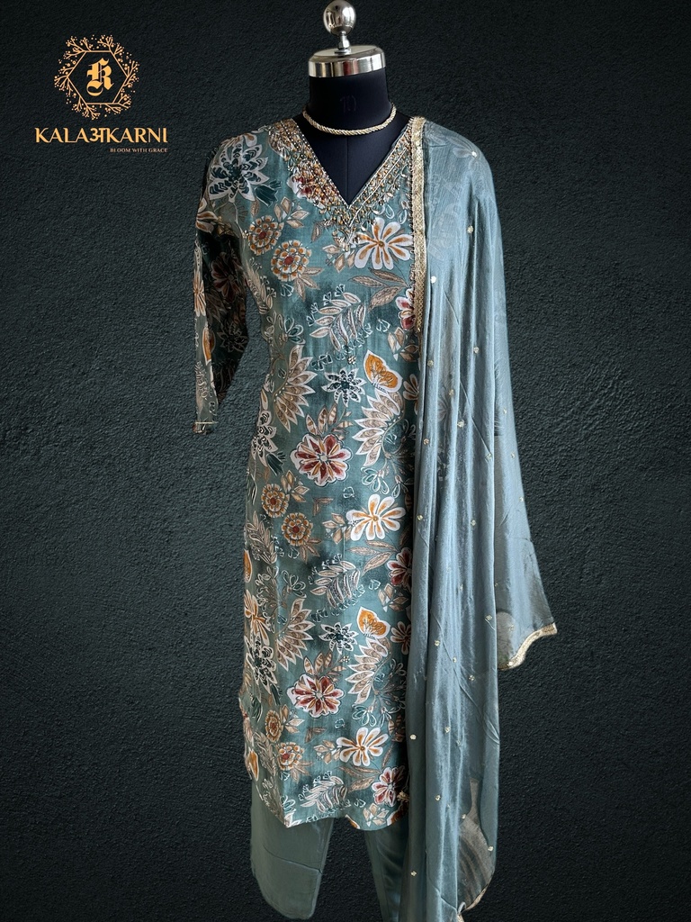 Hand Embroidery | Modal Silk | Suit set with Pants | Light Fern Green