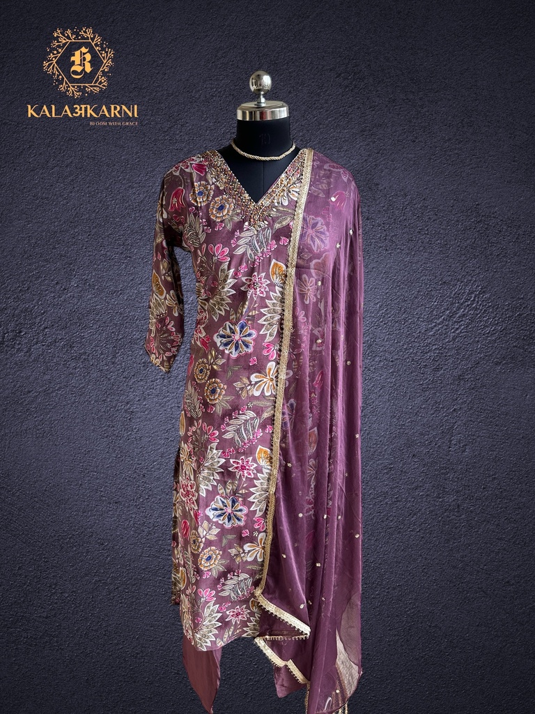 Hand Embroidery | Modal Silk | Suit set with Pants | Light Mauve 
