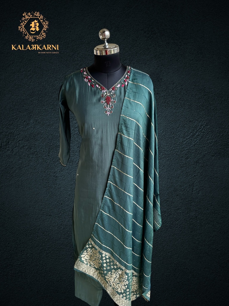 Hand Embroidery | Roman Silk | Suit set with Pants | Pine Green