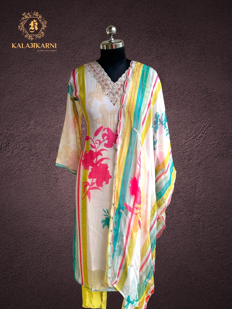 Hand Embroidery V-Neck | Pure Organza Silk | Suit set with Pants | Ivory