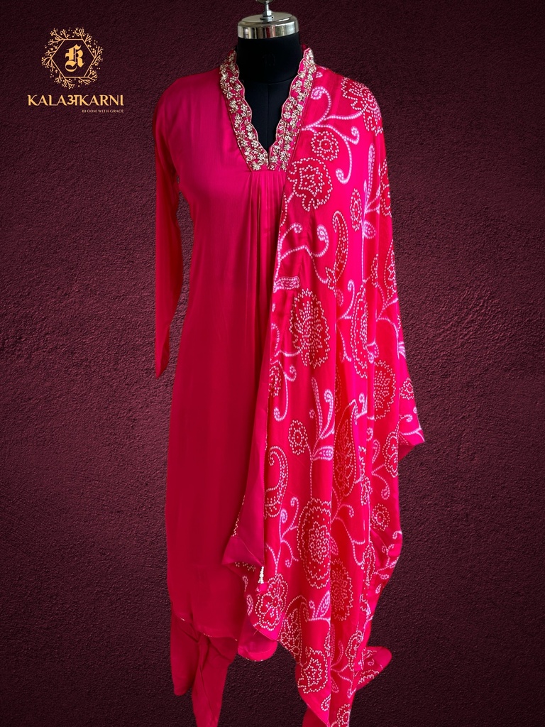Hand Embroidery V-Neck | Crepe Silk | Suit set with Pants & Bandhani Dupatta | Hot Pink