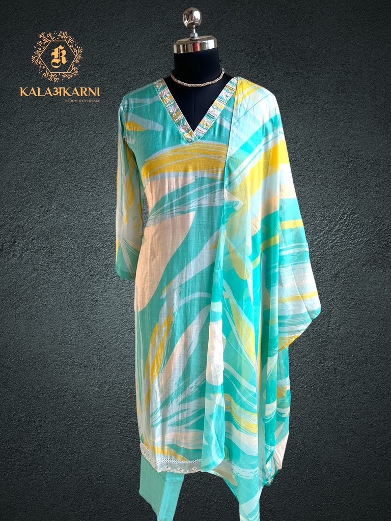 Hand Embroidery V-Neck | Muslin Silk | Suit set with Pants | Sea Green