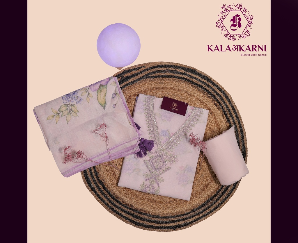 [NRK7256WP] Thread Embroidery | Linen | Dress Material | White-Purple