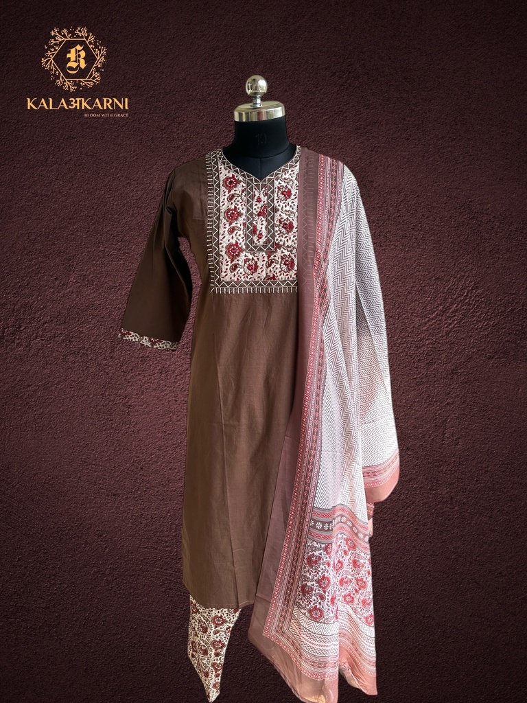 Embroidery | Pure Cotton | Suit set with Pants | Brown