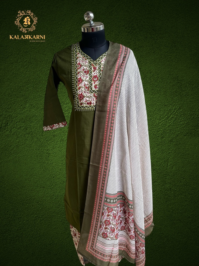 Embroidery | Pure Cotton | Suit set with Pants | Olive Green