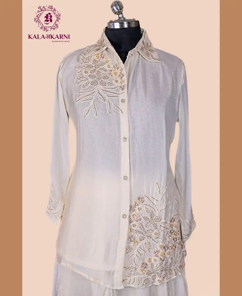 Chinnon Silk | Embroidered | Co-ord Set with Palazzo | Ivory