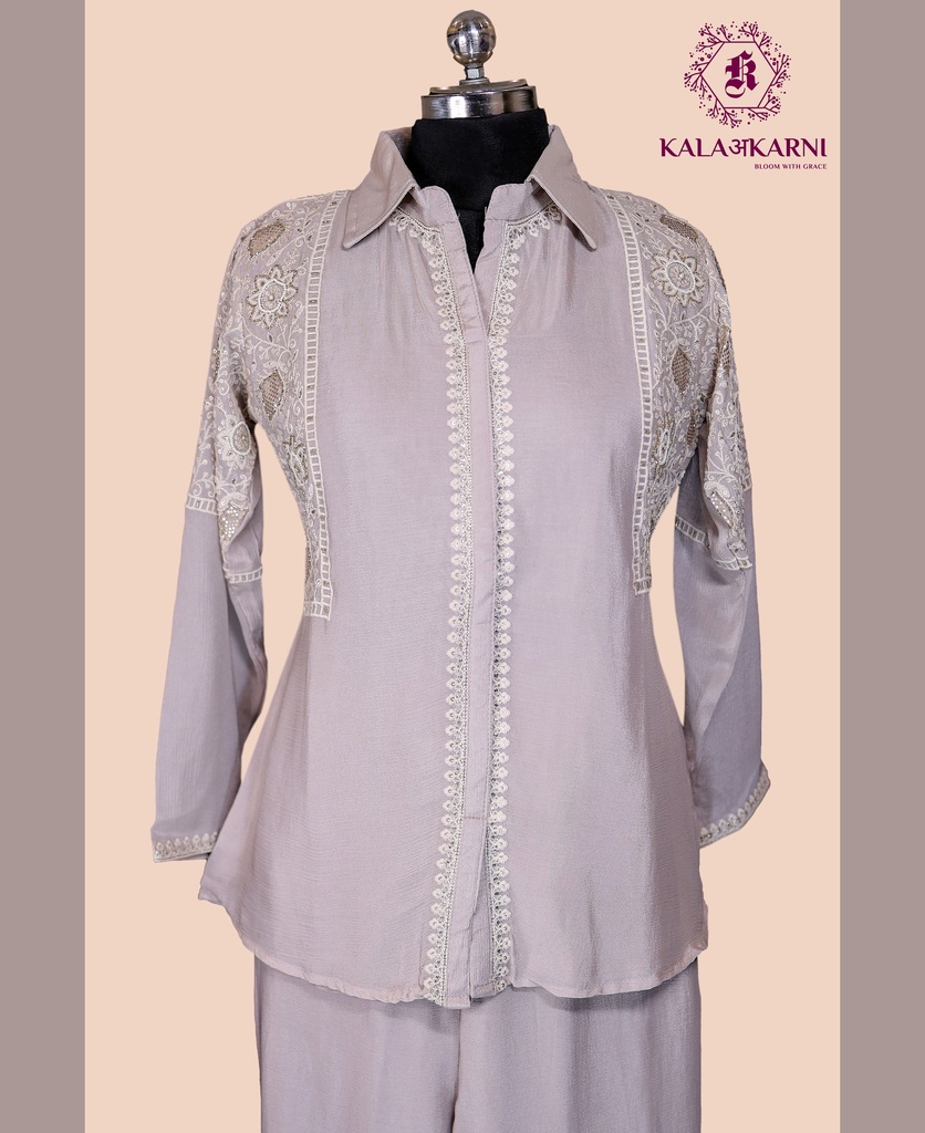 Chinnon Silk | Thread Work | Co-ord Set with Palazzo Pants | Grey