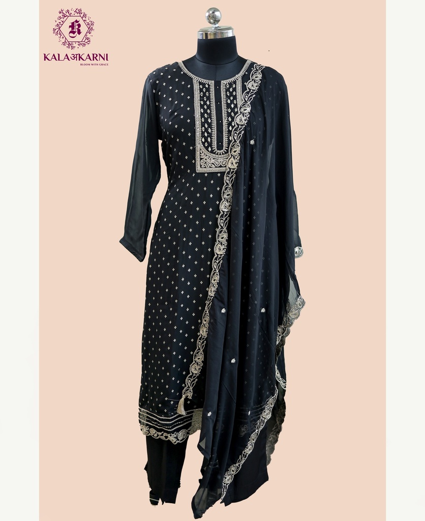 Zari Embroidery | Pure Organza Silk | Suit set with Pants | Ebony Black