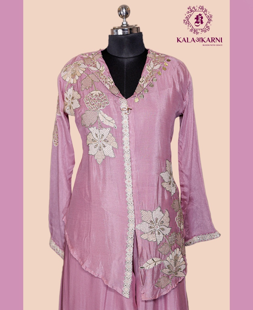 Chinnon Silk | Embroidered V-Neck | Co-ord Set with Palazzo Pants | Onion Pink