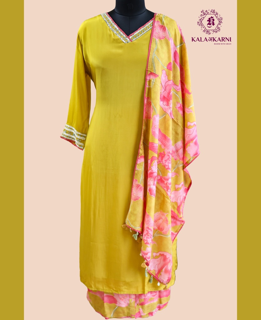 Hand Embroidery VNeck | Russian Silk | Suit set with Palazzo | Golden Yellow