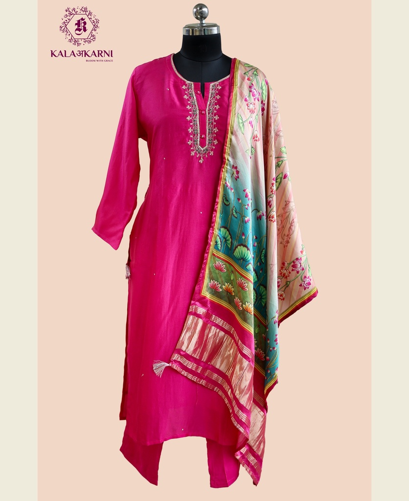 Embroidery | Crepe Silk | Suit set with Pants | Hot Pink