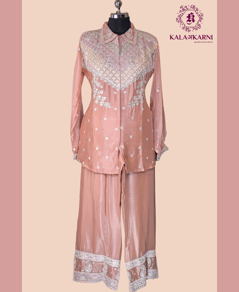 Chinnon Silk | Front & Back Embroidered | Co-ord Set with Palazzo Pants | Peach