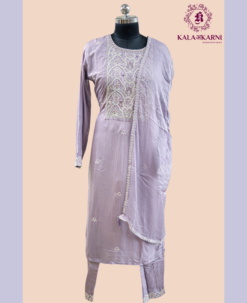Thread Embroidery | Muslin Silk | Suit set with Pants | Lilac