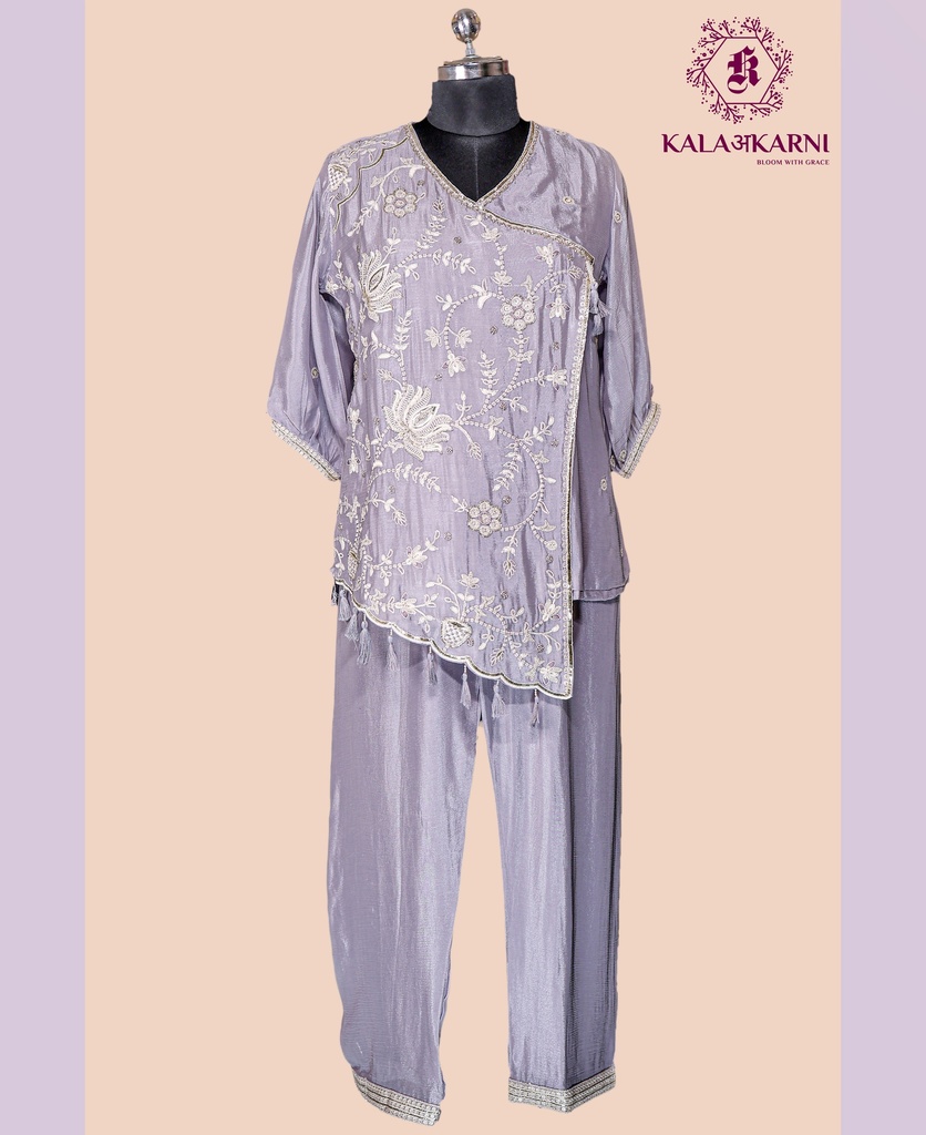 Chinnon Silk | Embroidered | Cross Neck Pattern | Co-ord Set with Palazzo Pants | Lilac
