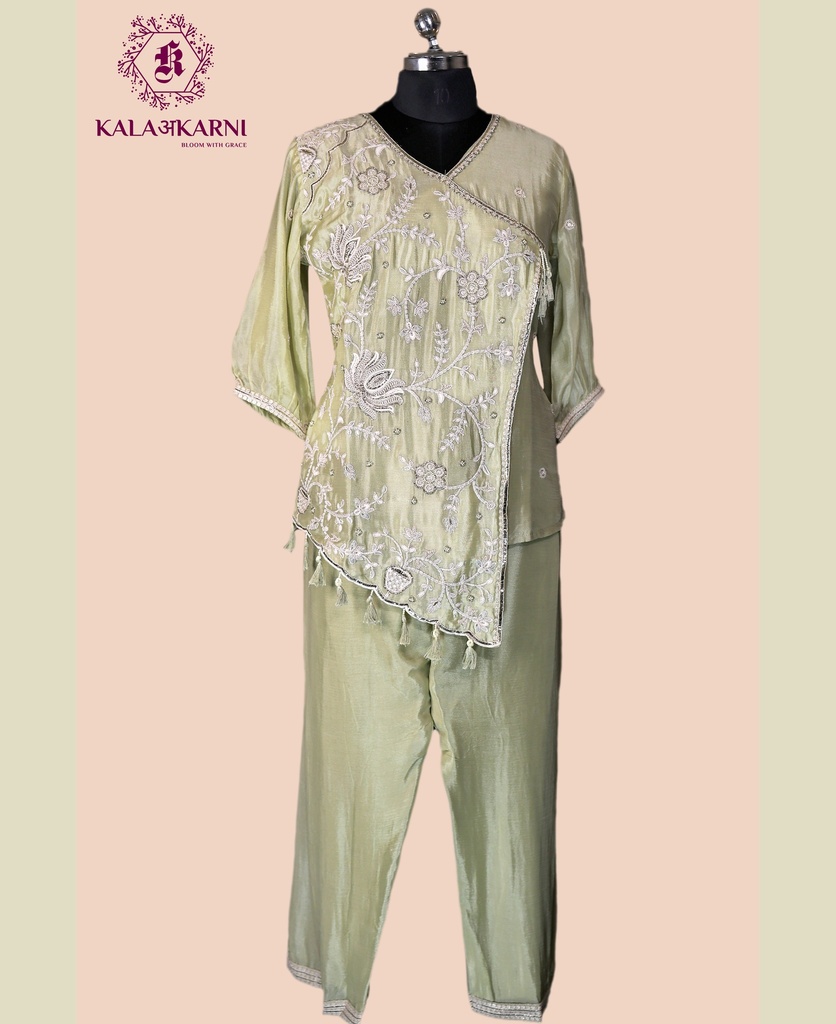 Chinnon Silk | Embroidered | Cross Neck Pattern | Co-ord Set with Palazzo Pants | Pista Green