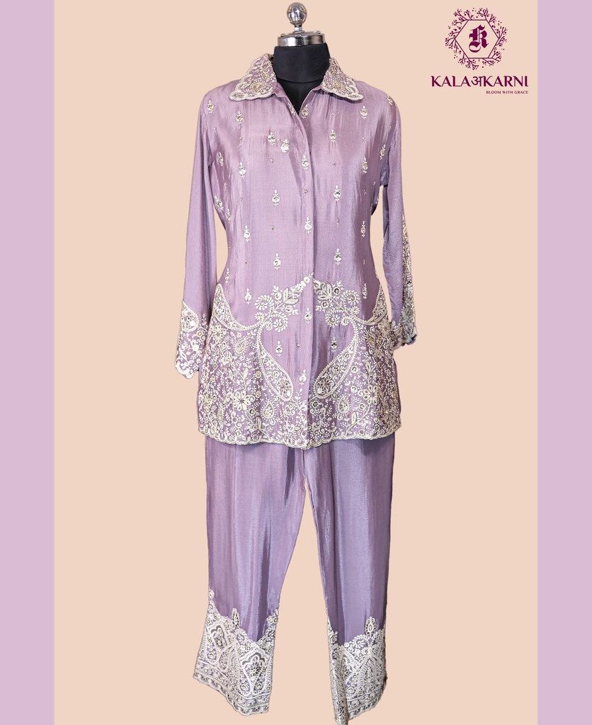 Chinnon Silk | Embroidered | Collar Pattern | Co-ord Set with Palazzo Pants | Mauve