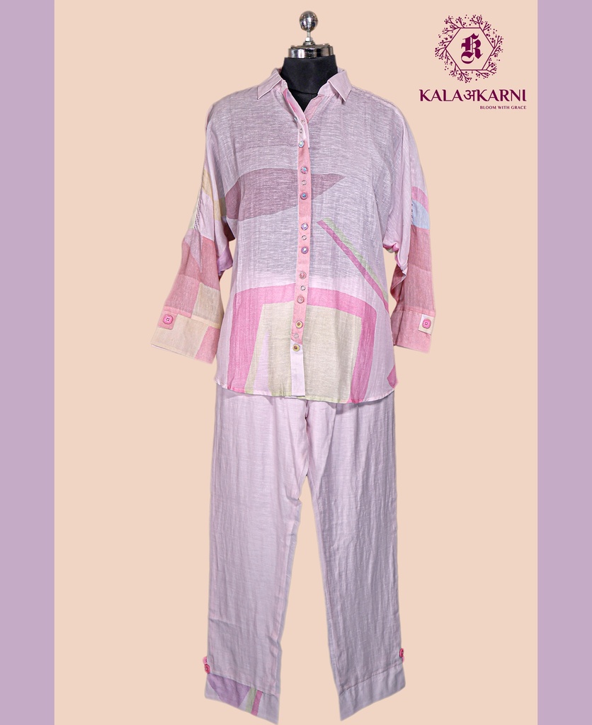 Linen | Collar Pattern | Co-ord Set with Pants | Baby Pink