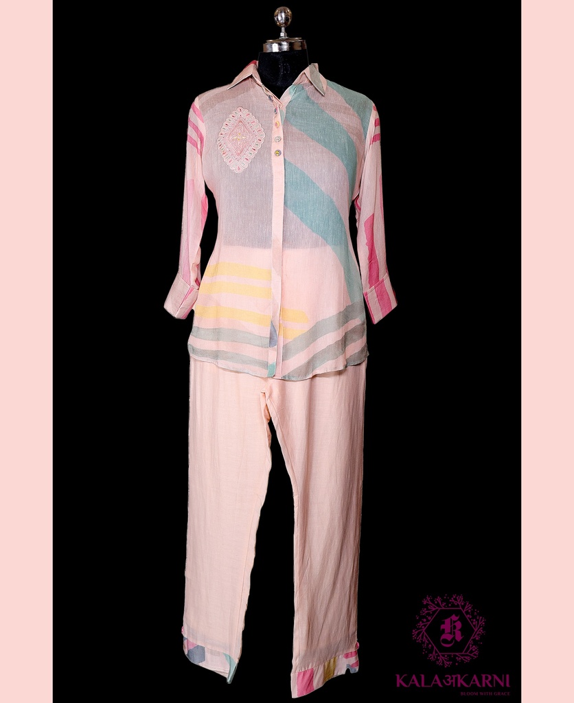 Linen | Collar Pattern | Co-ord Set with Pants | Peach
