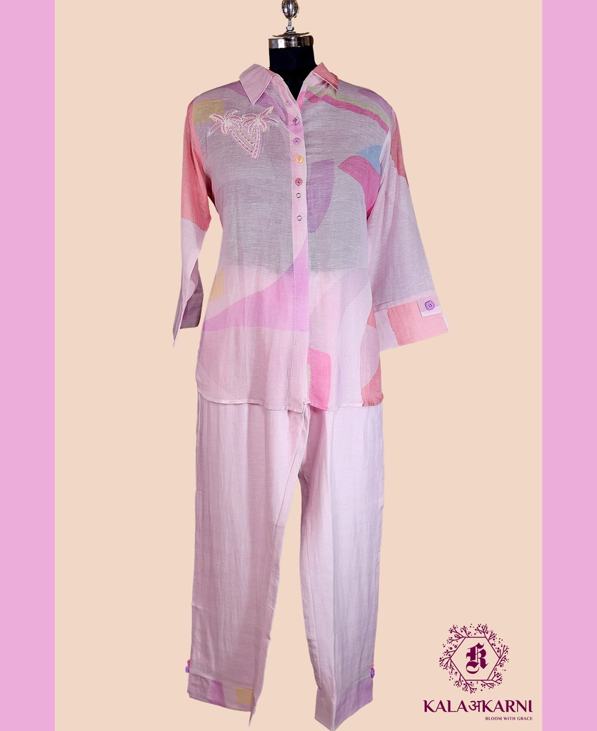 [KT3452BXXL] Linen | Thread Work | Co-ord Set with Pants | Baby Pink