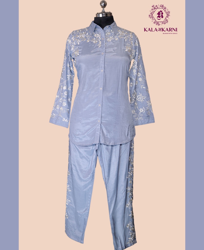Muslin Silk | Thread Embroidery | Co-ord Set with Pants | Blue