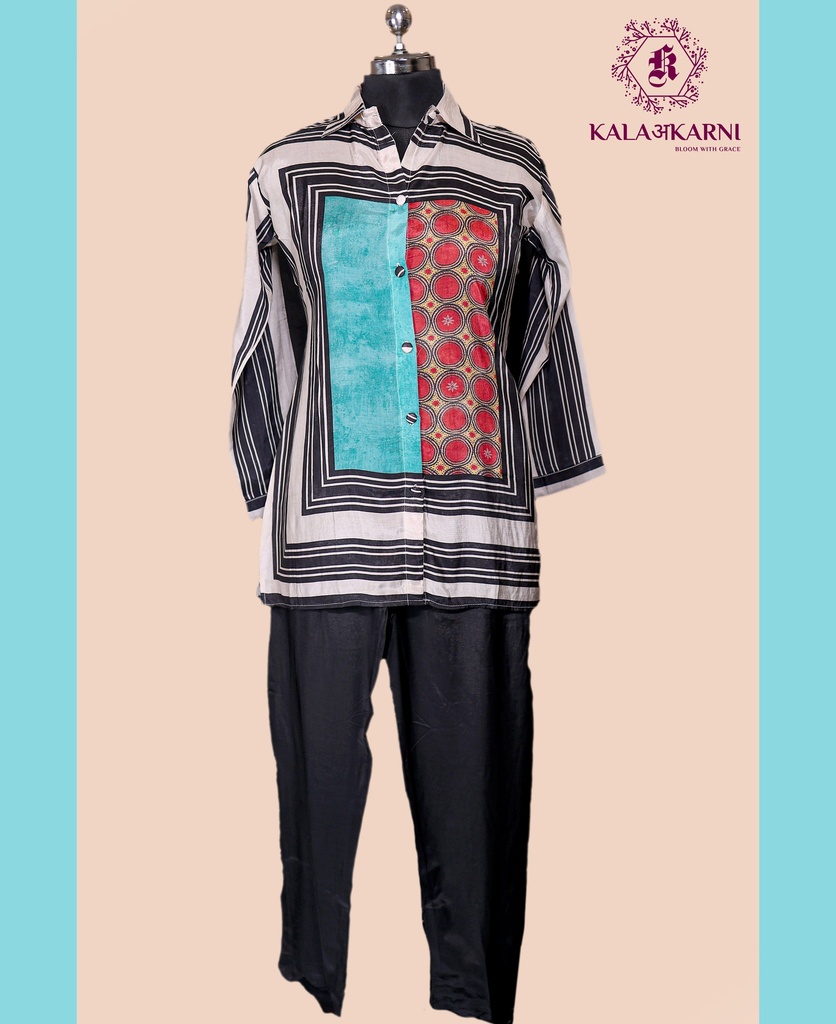 [KT3446BM] Muslin | Collar Pattern | Co-ord Set with Pants | Black