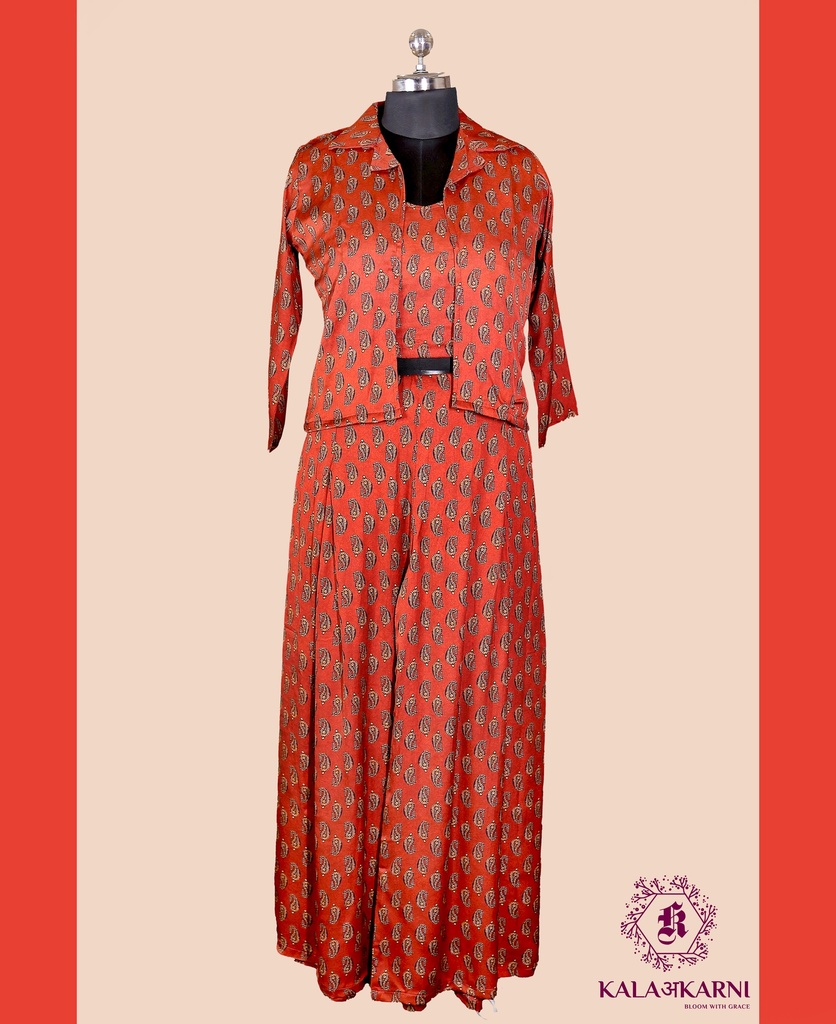 Muslin Silk | Three - Piece | Co-ord Set with Palazzo Pants | Rust