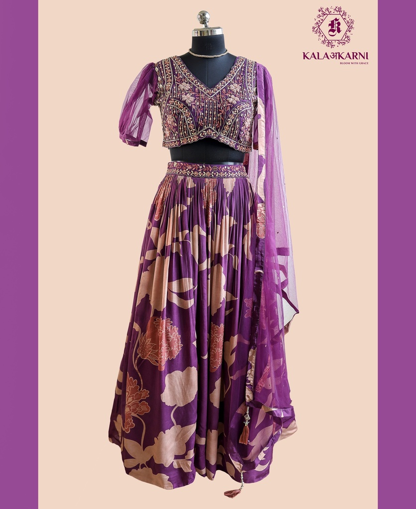 Hand Embroidered | Chinnon Silk | Indowestern | Purple