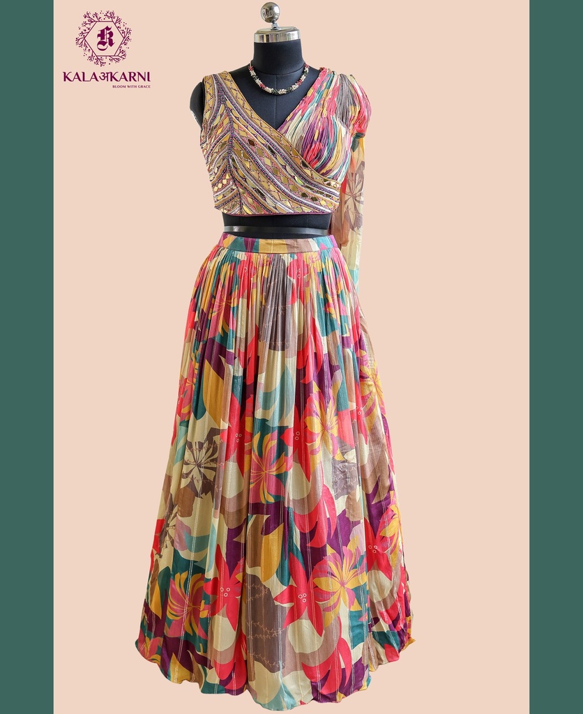 Mirror Embroidered | Chinnon Silk | Indowestern | Multicolor