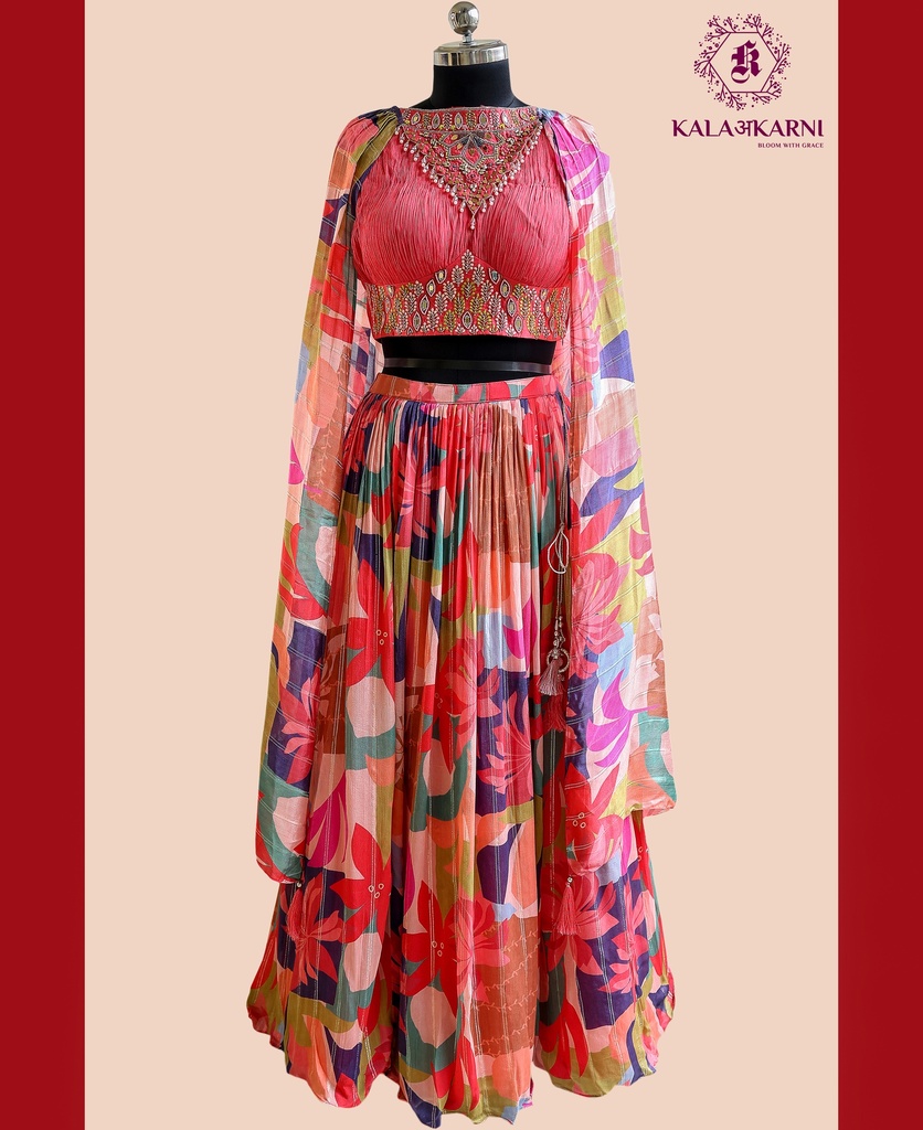 [MR1681] Hand Embroidered | Chinnon Silk | Choker Dupatta | Indowestern | Strawberry Pink