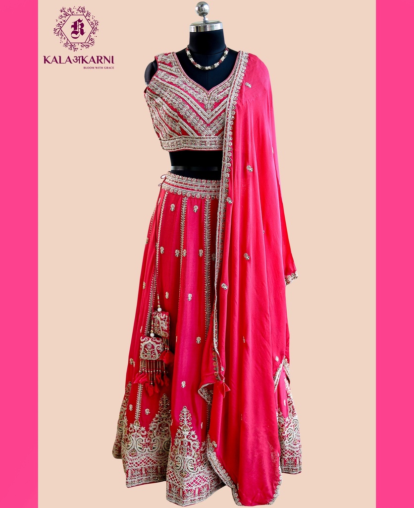 [ML0026P] Hand Embroidered | Chinnon Silk | Lehenga Set | Cerise Pink