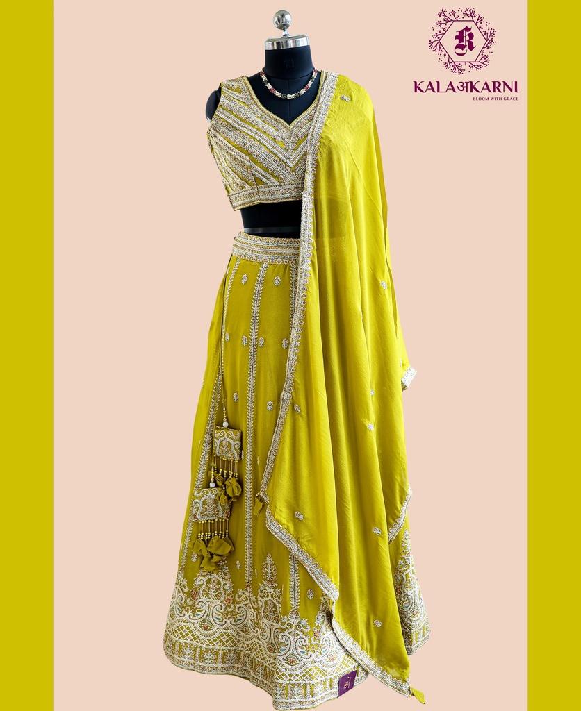 [ML0026Y] Hand Embroidered | Chinnon Silk | Lehenga Set | Yellowish Green