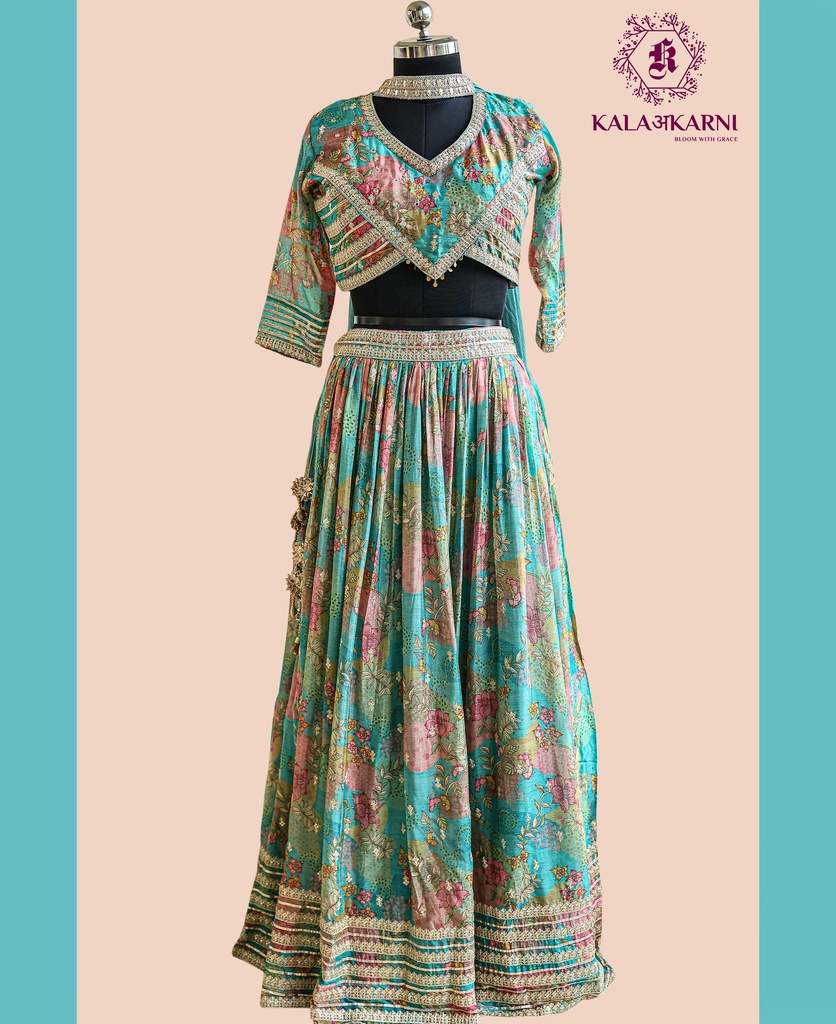[ML0022] Chinnon Silk | Choker Dupatta | Lehenga Set | Turquoise