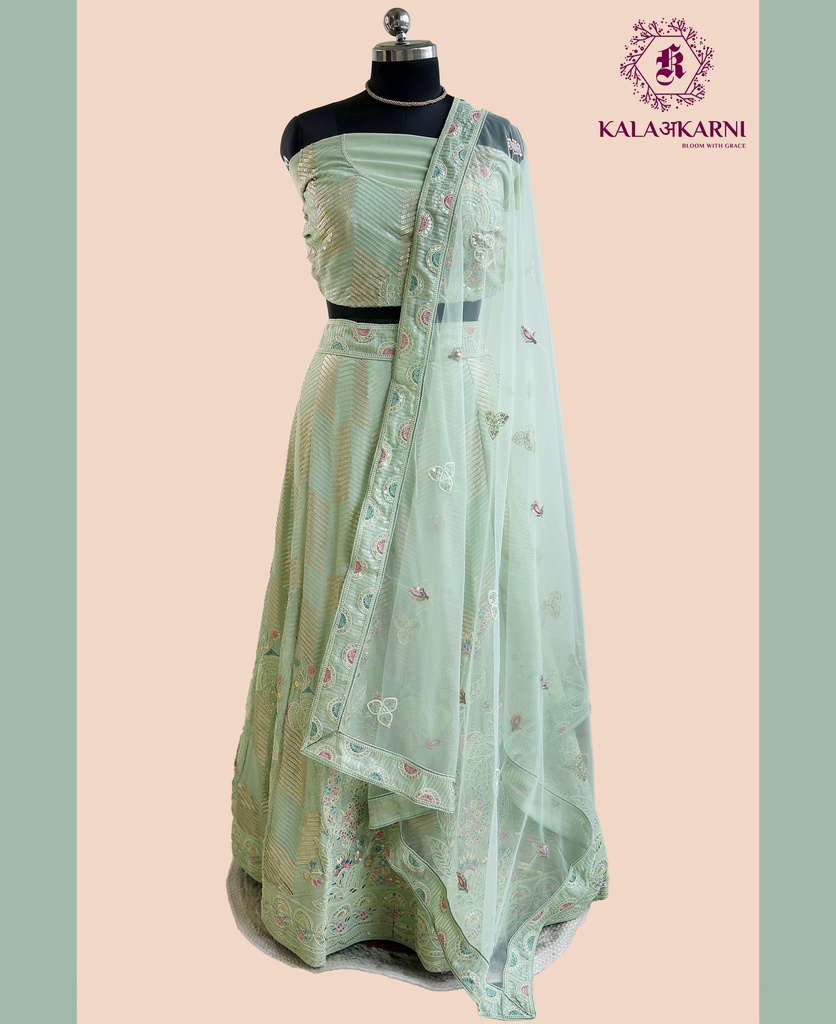 [KRT001G] Georgette | Embroidered Semi-Stitched Lehenga | Mint Green