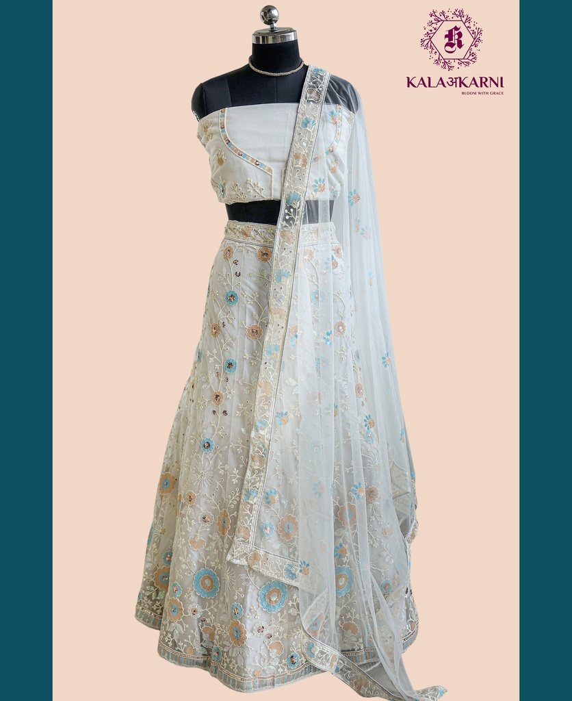[KRT003I] Thread Embroidered | Net Lehenga | Ivory