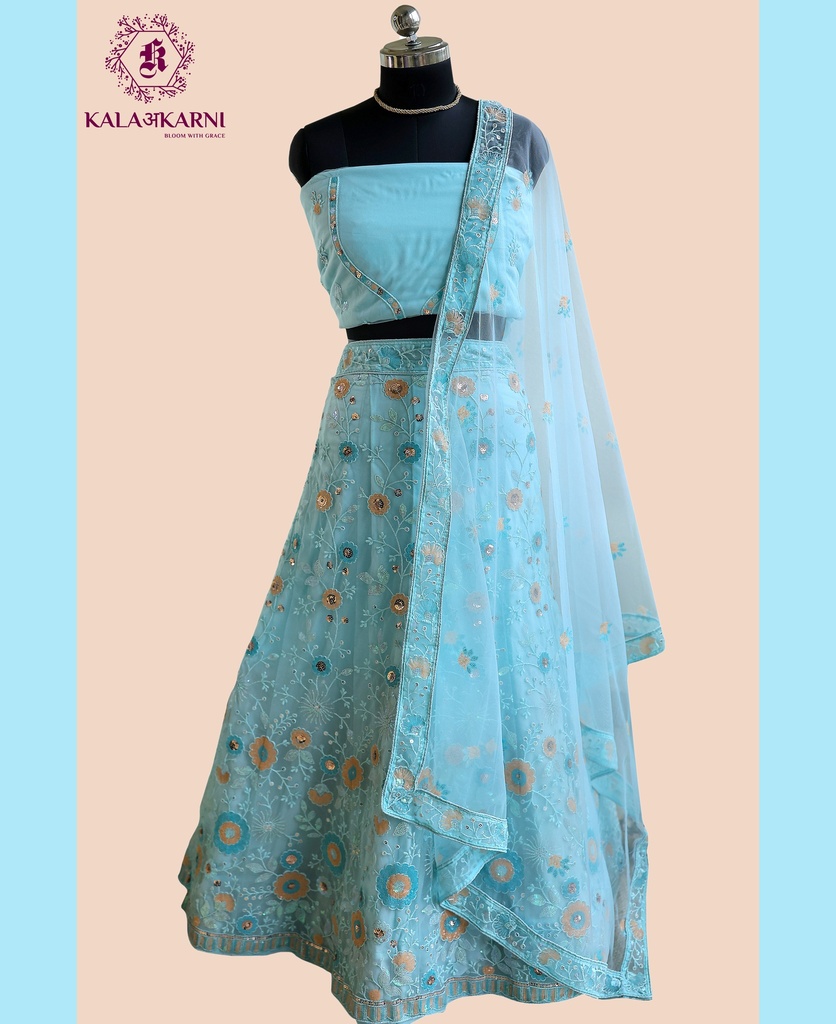 [KRT003B] Thread Embroidered | Net Lehenga | Sea-Blue