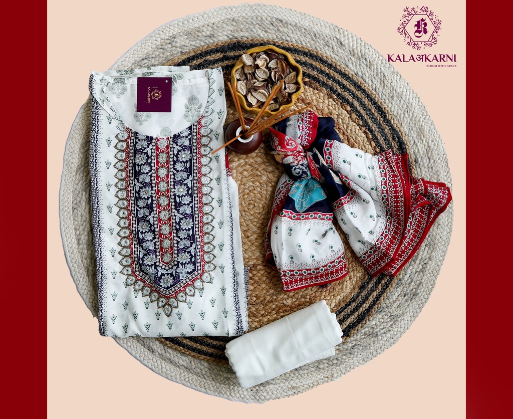 [NRK7180] Embroidery | Ryon Silk | Dress Material | White&Blue