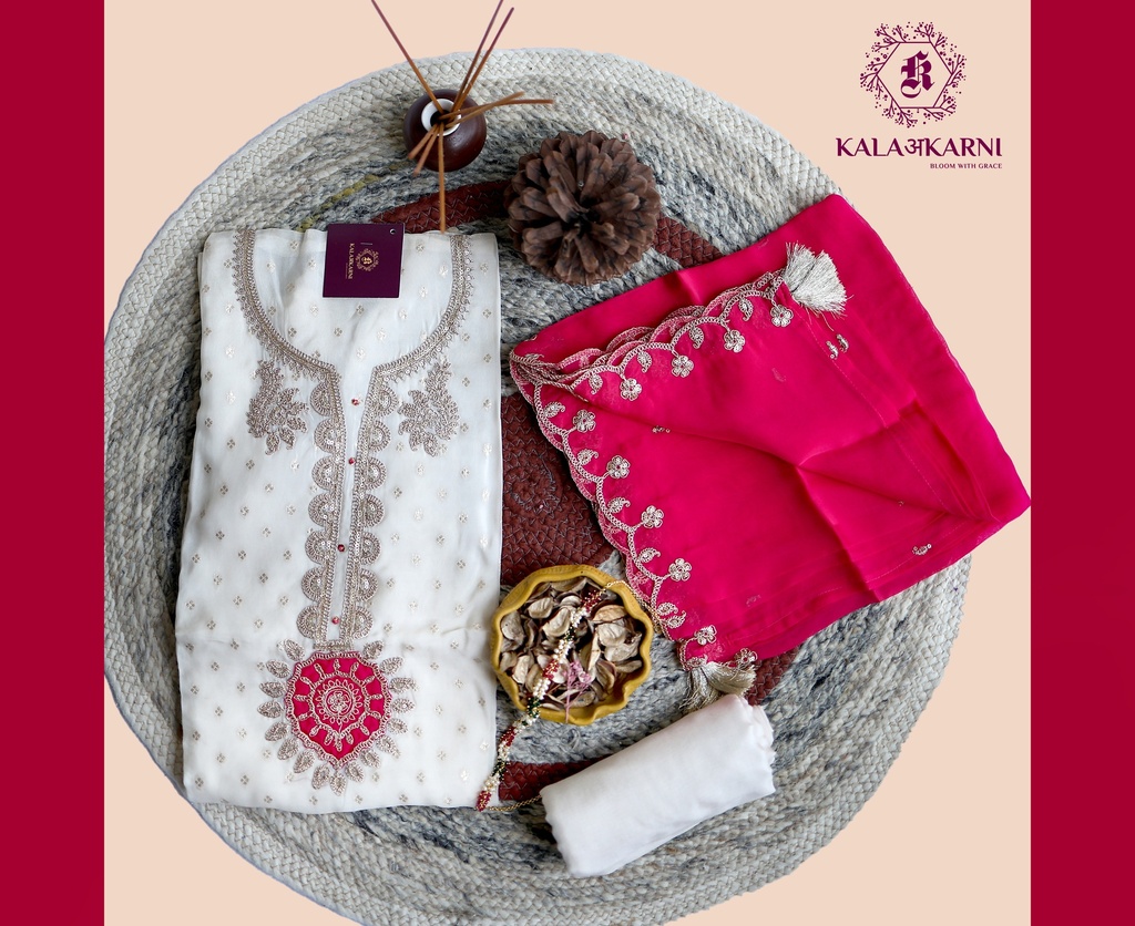 [NRK7041P] Zari Embroidery | Silk Georgette | Dress Material | Ivory - Hot Pink