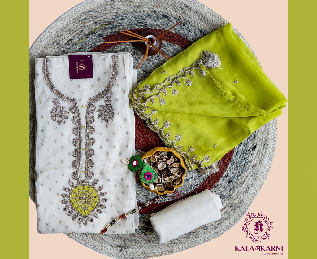 [NRK7041G] Zari Embroidery | Silk Georgette | Dress Material | Ivory - Neon Green