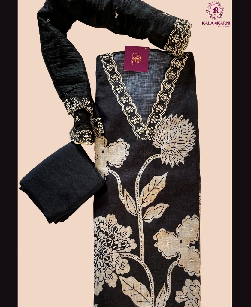 [NRK7189] Embroidery | Pure Linen | Dress Material | Jet Black