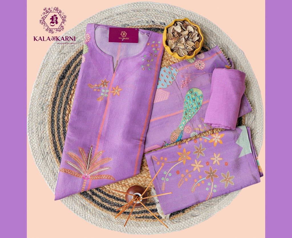 [NRK7267P] Peacock Hand Embroidery | Silk | Dress Material | Purple