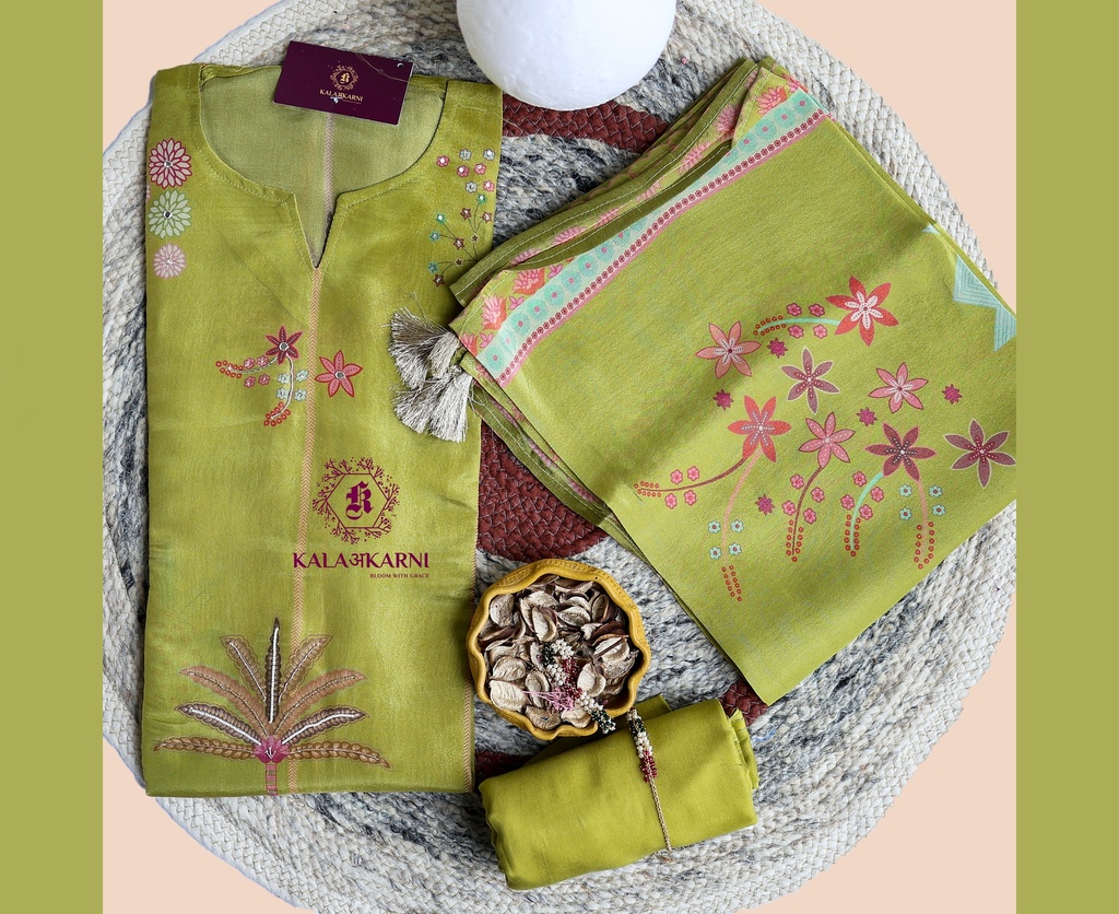 [NRK7267G] Peacock Hand Embroidery | Silk | Dress Material | Parrot Green