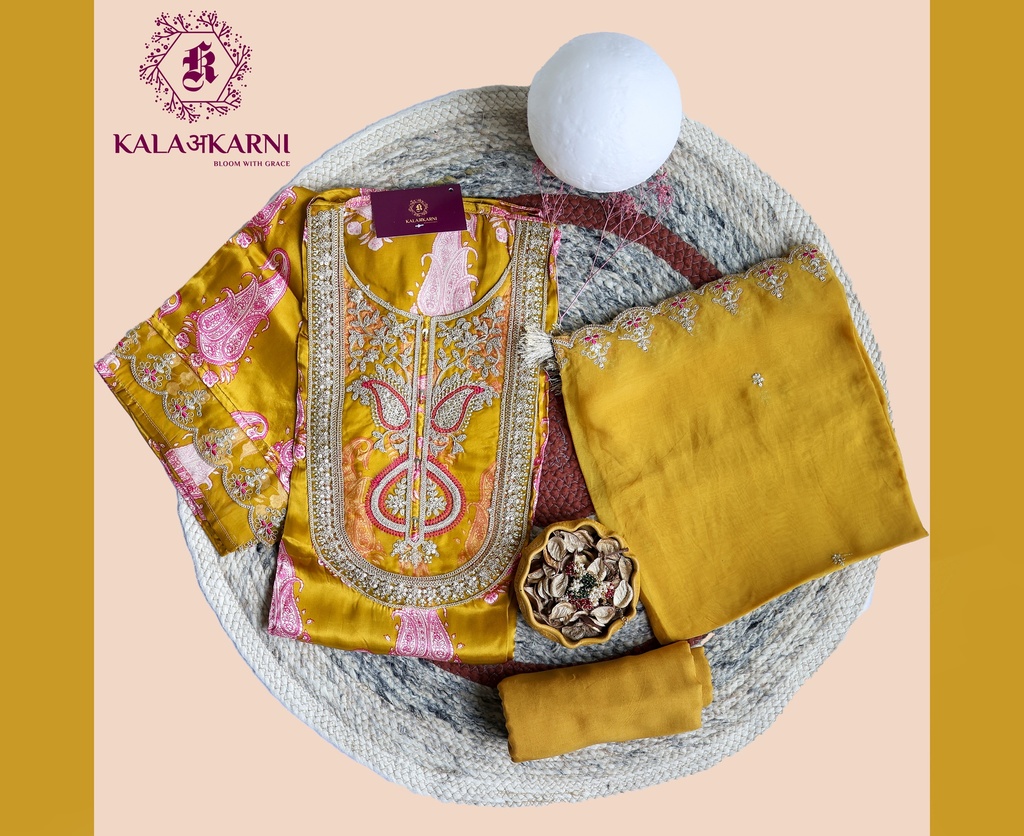 [NRK7266M] Zari Embroidery | Pure Gajji Silk | Dress Material | Mustard Yellow