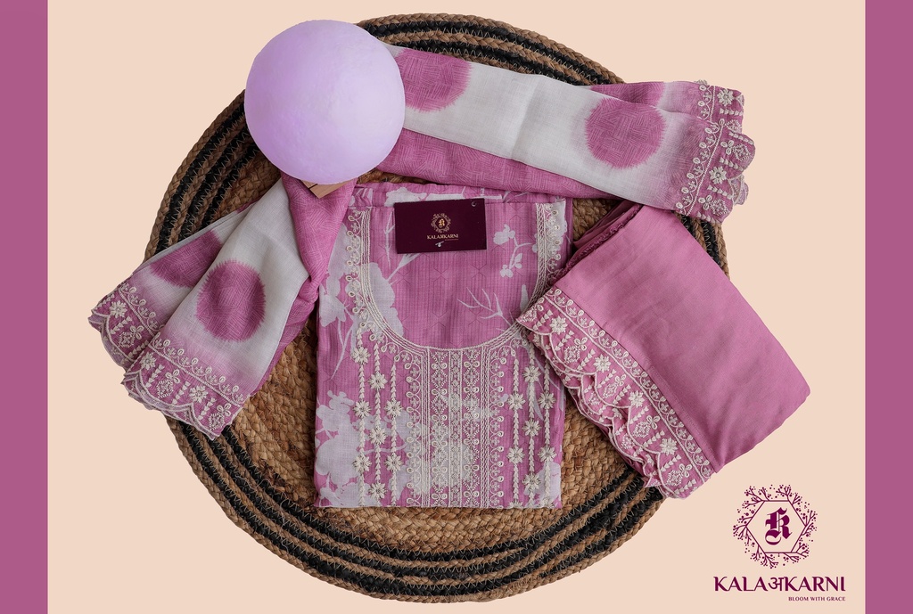 [NRK7212BP] Thread Embroidery | Linen | Dress Material | Baby Pink
