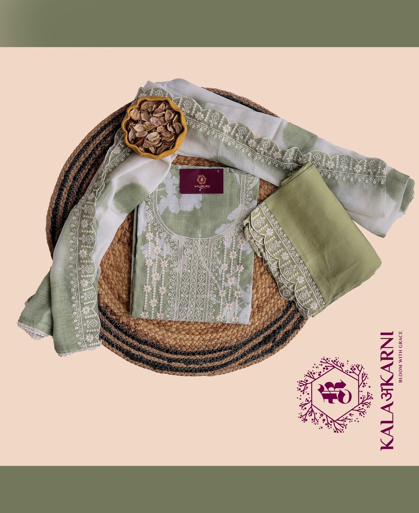 [NRK7212MG] Thread Embroidery | Linen | Dress Material | Mint Green