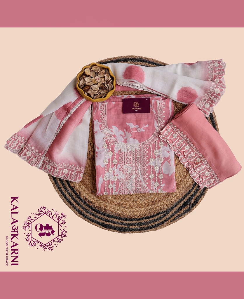 [NRK7212P] Thread Embroidery | Linen | Dress Material | Peach