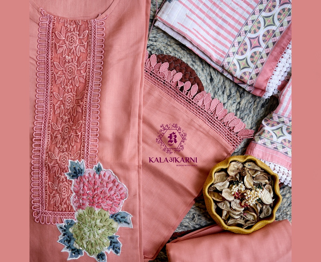 [NRK7038P] Thread Embroidery | Muslin Cotton | Dress Material | Peachy Pink