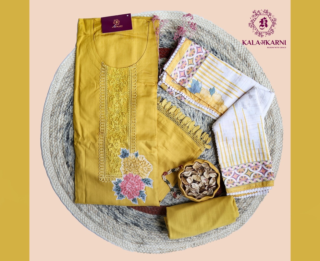 [NRK7038M] Thread Embroidery | Muslin Cotton | Dress Material | Mustard Yellow