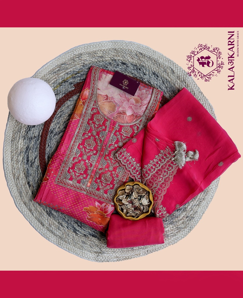 [NRK6953BP] Zari Embroidery | Muslin Silk | Dress Material | Bright Pink